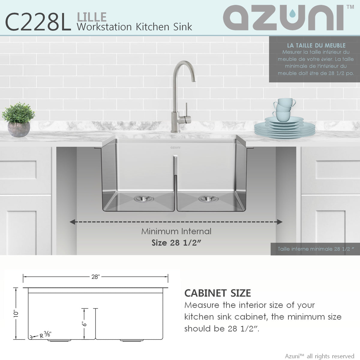 Stylish Azuni Lille 28" Workstation Double Bowl Stainless Steel Ledge Kitchen Sink with Accessories C228L