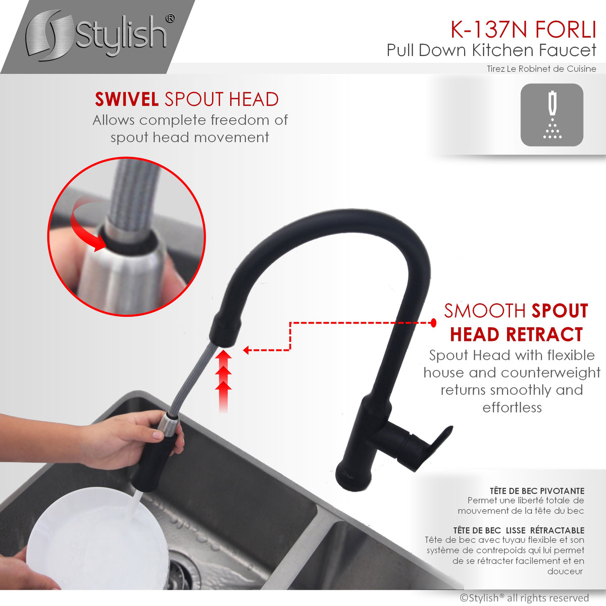 Stylish Single Handle Pull Down Kitchen Faucet Matte Black K-137N