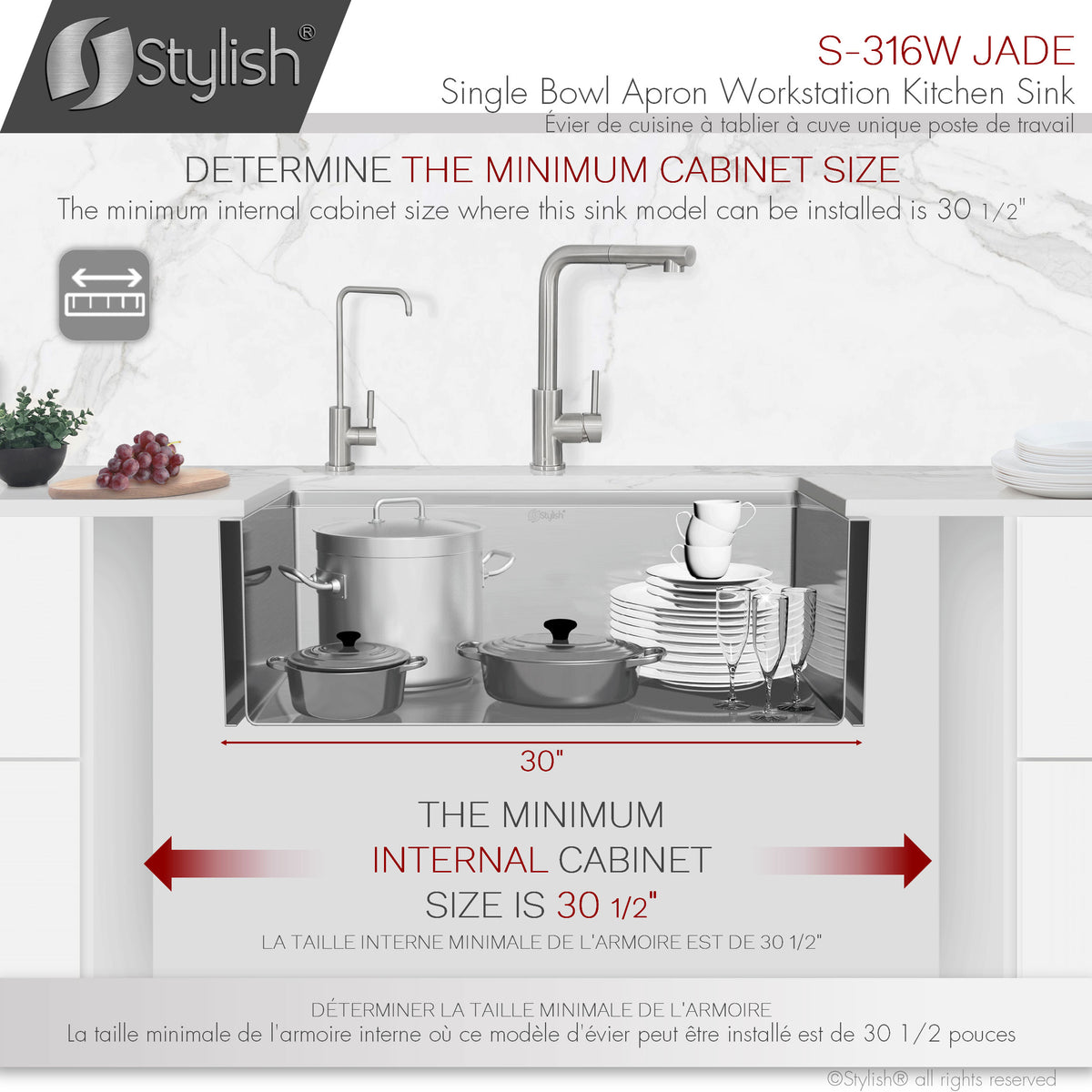 Stylish Jade Workstation Single Bowl Apron Front Stainless Steel Kitchen Sink with Accessories S-316W