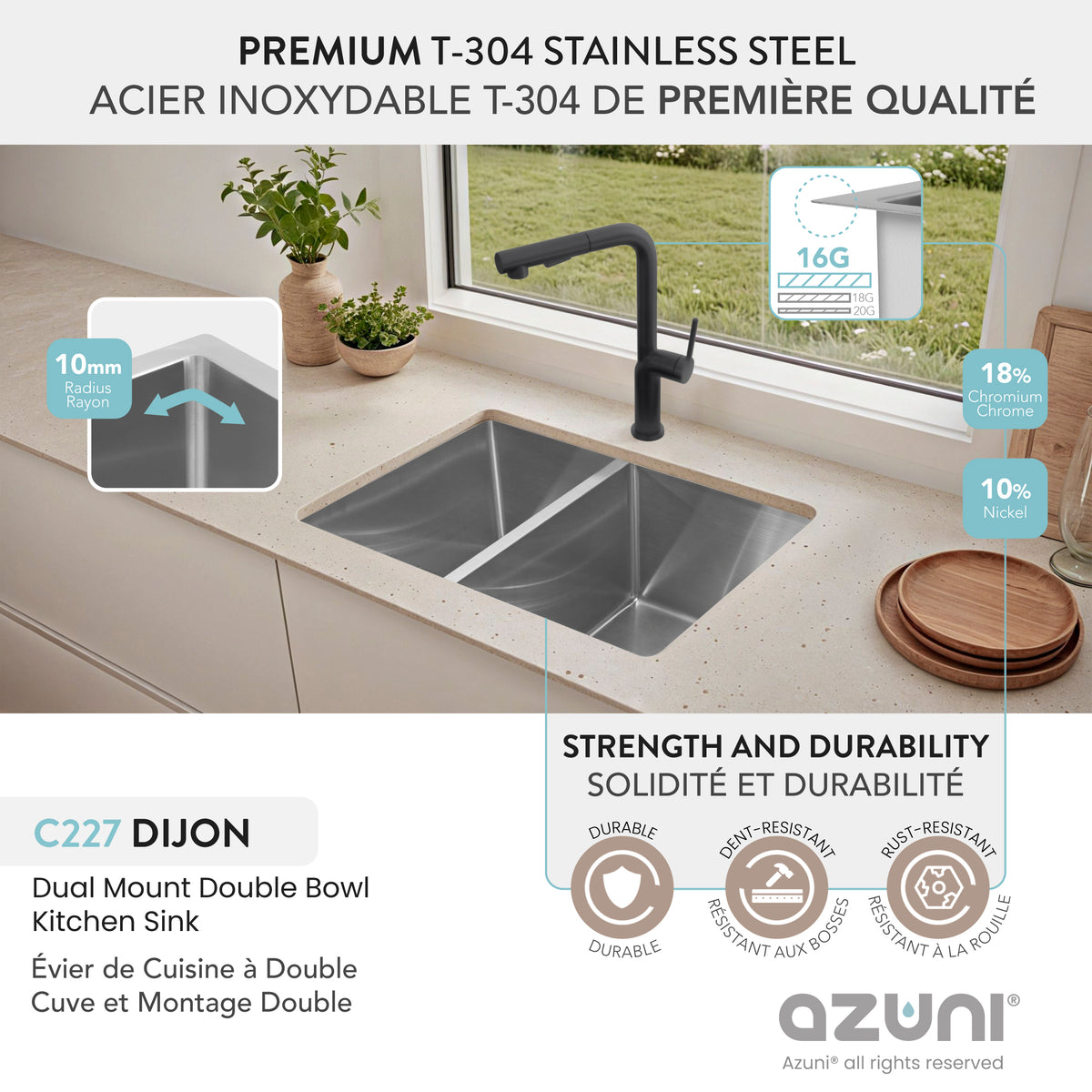 Stylish Azuni Dijon 27" Workstation 60/40 Double Bowl Stainless Steel Kitchen Sink with Accessories C227