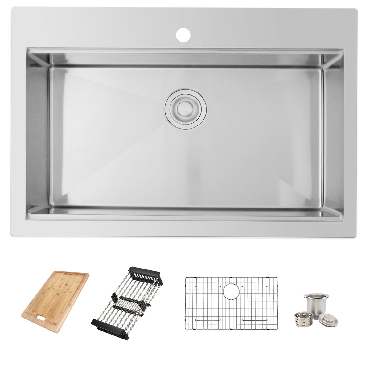 Stylish Azuni Noirt 31" Top Mount Workstation Single Bowl 18 Gauge Stainless Steel Ledge Kitchen Sink with Accessories C430L