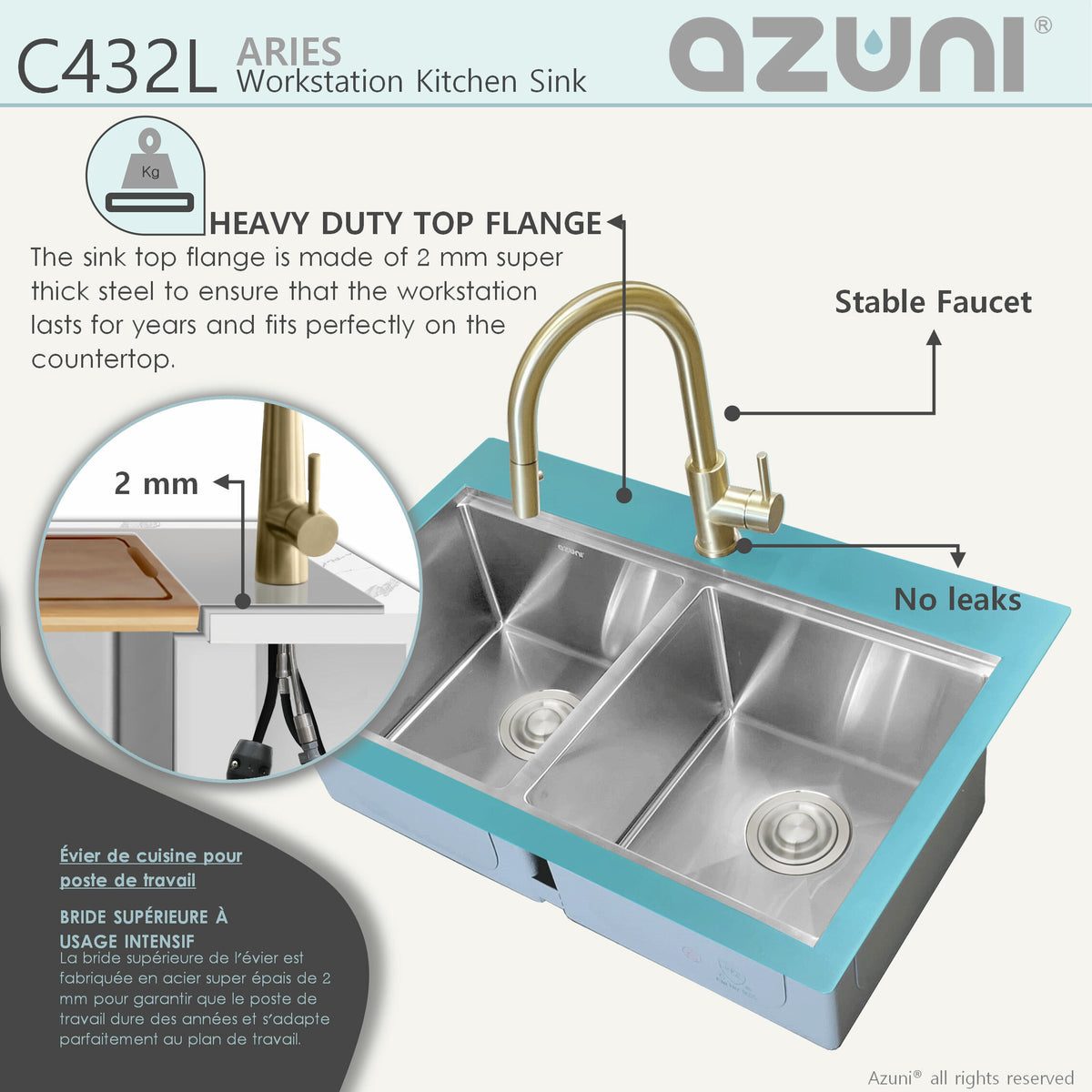 Stylish Azuni Aries 31" Top Mount Workstation 50/50 Double Bowl 18 Gauge Stainless Steel Ledge Kitchen Sink with Accessories C432L