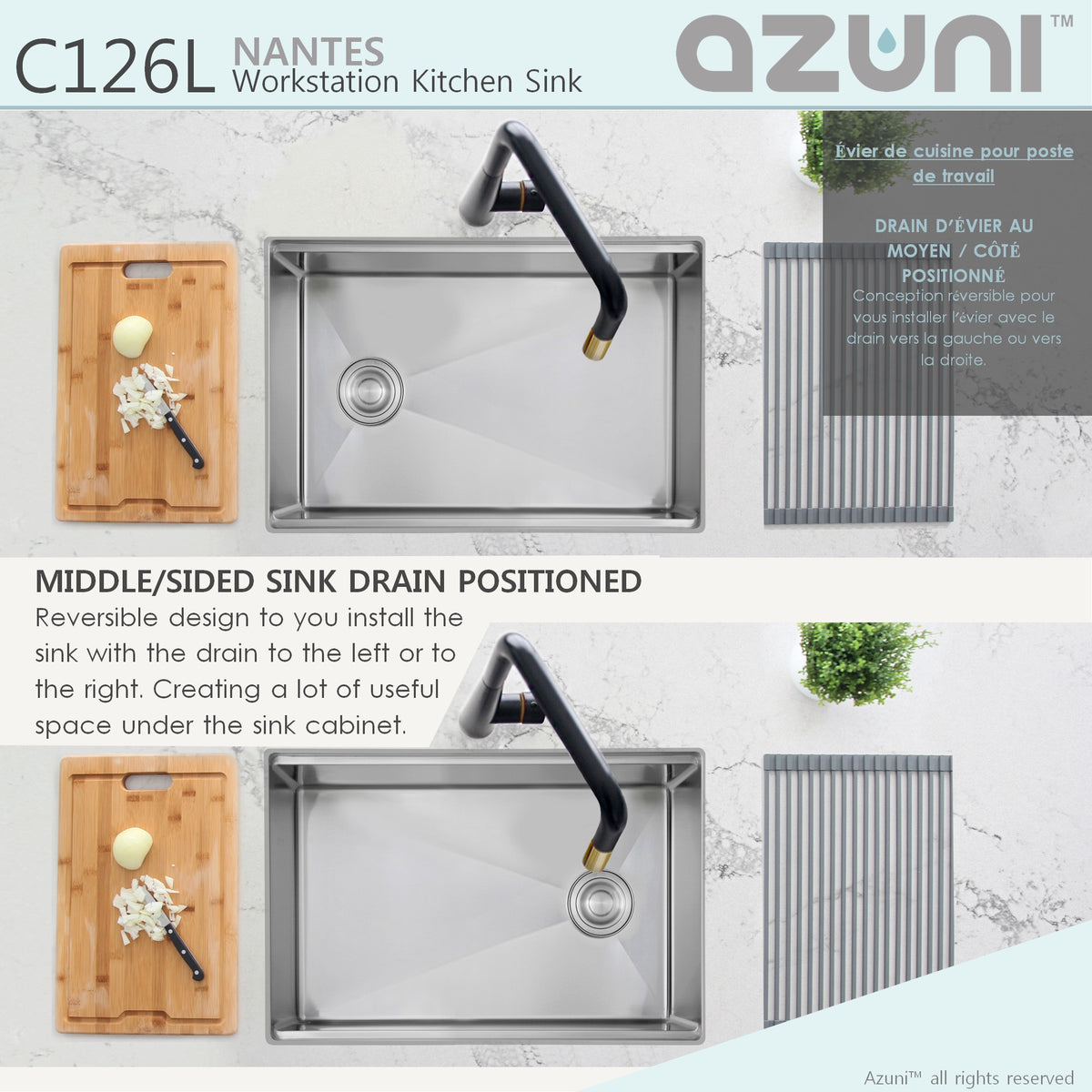 Stylish Azuni Nantes 25" Workstation Single Bowl Stainless Steel Ledge Kitchen Sink with Accessories C126L