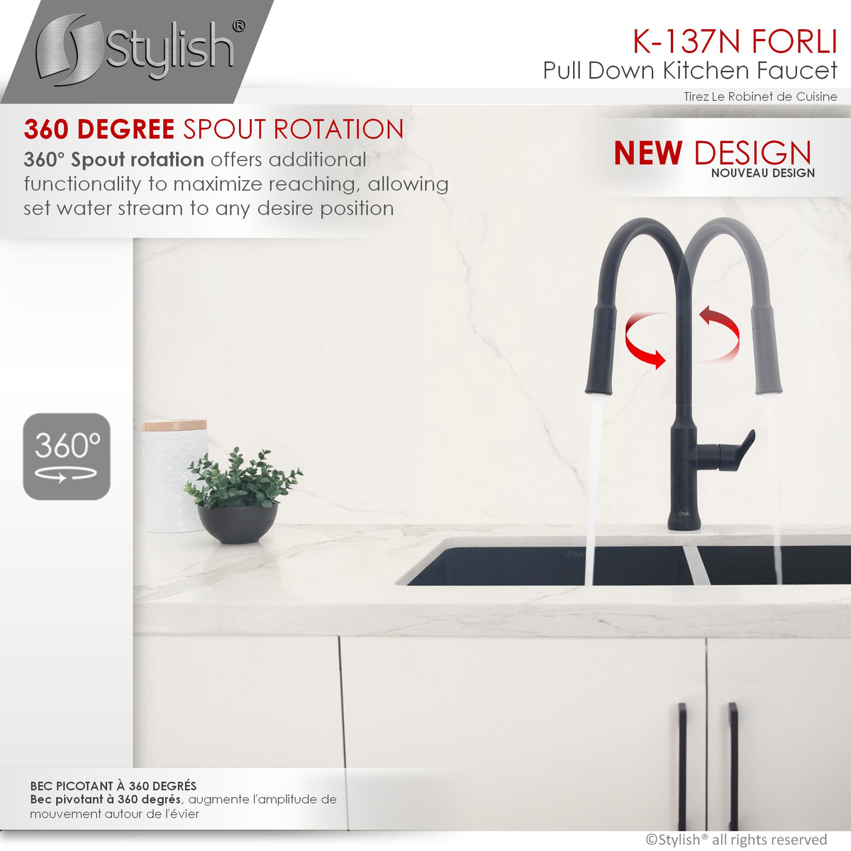 Stylish Single Handle Pull Down Kitchen Faucet Matte Black K-137N