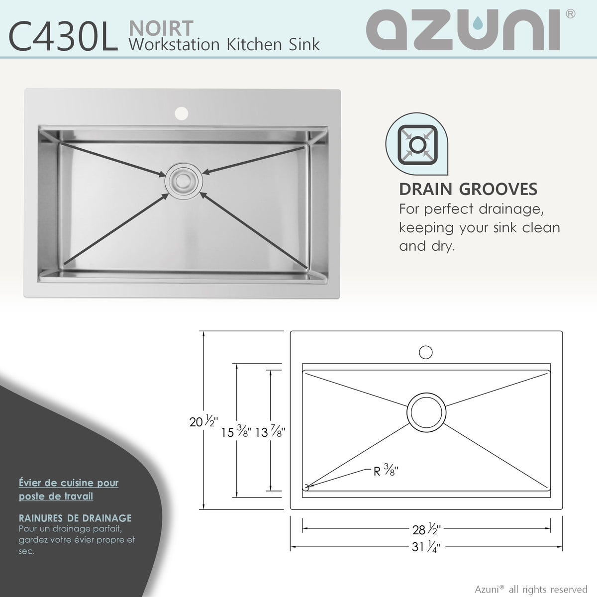 Stylish Azuni Noirt 31" Top Mount Workstation Single Bowl 18 Gauge Stainless Steel Ledge Kitchen Sink with Accessories C430L