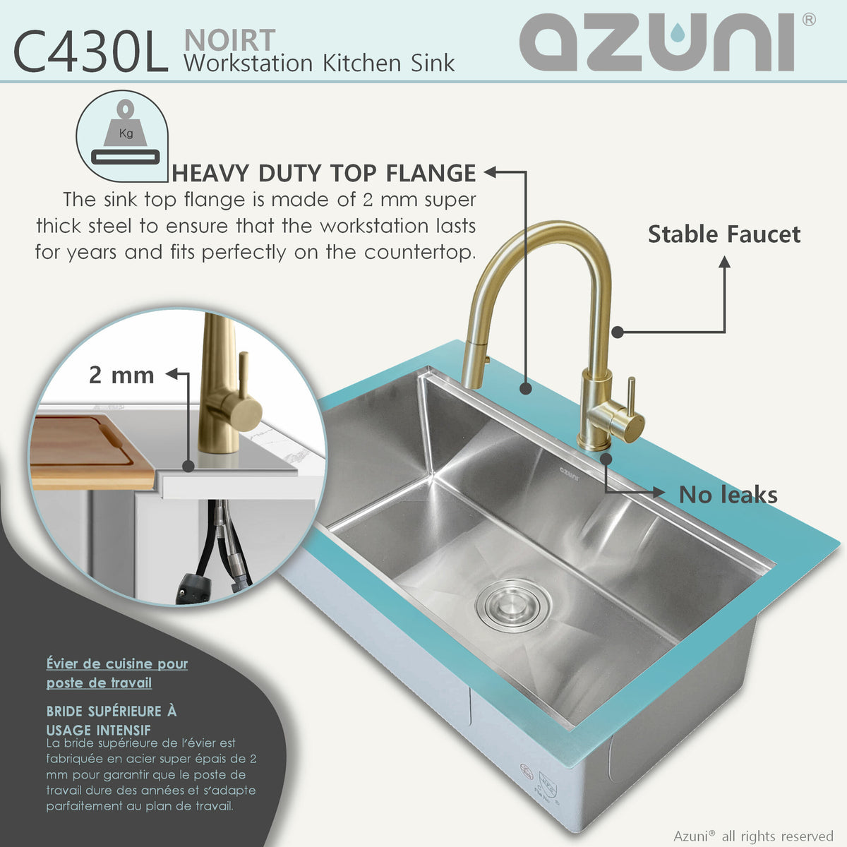 Stylish Azuni Noirt 31" Top Mount Workstation Single Bowl 18 Gauge Stainless Steel Ledge Kitchen Sink with Accessories C430L