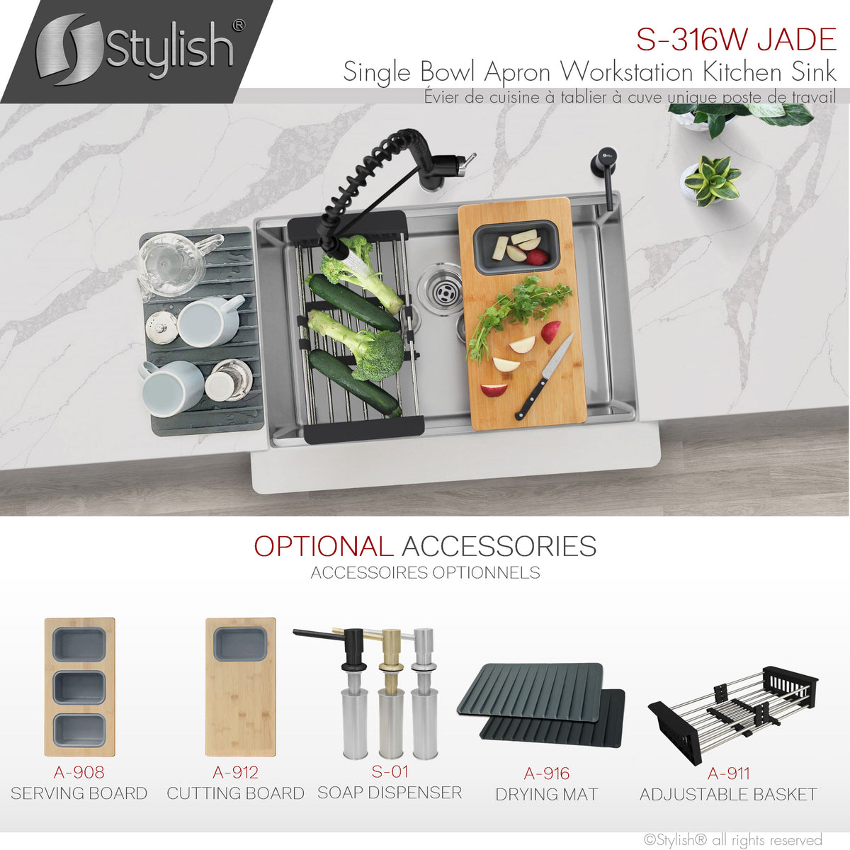 Stylish Jade Workstation Single Bowl Apron Front Stainless Steel Kitchen Sink with Accessories S-316W