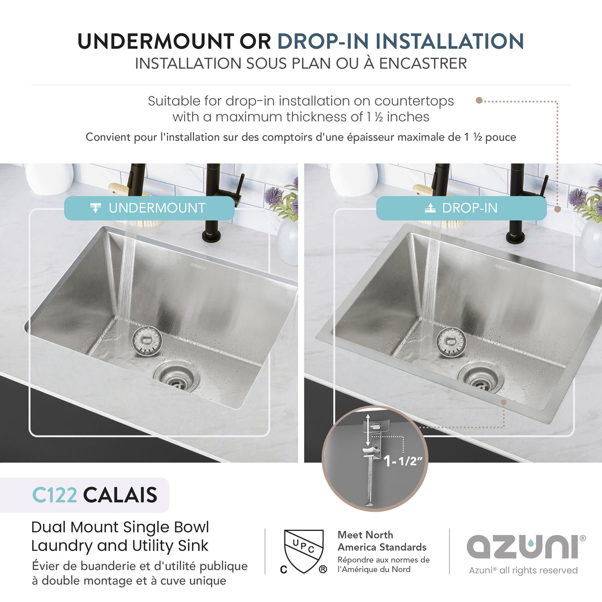 Stylish Azuni Calais 22" Dual Mount Single Bowl Stainless Steel Laundry and Utility Sink C122