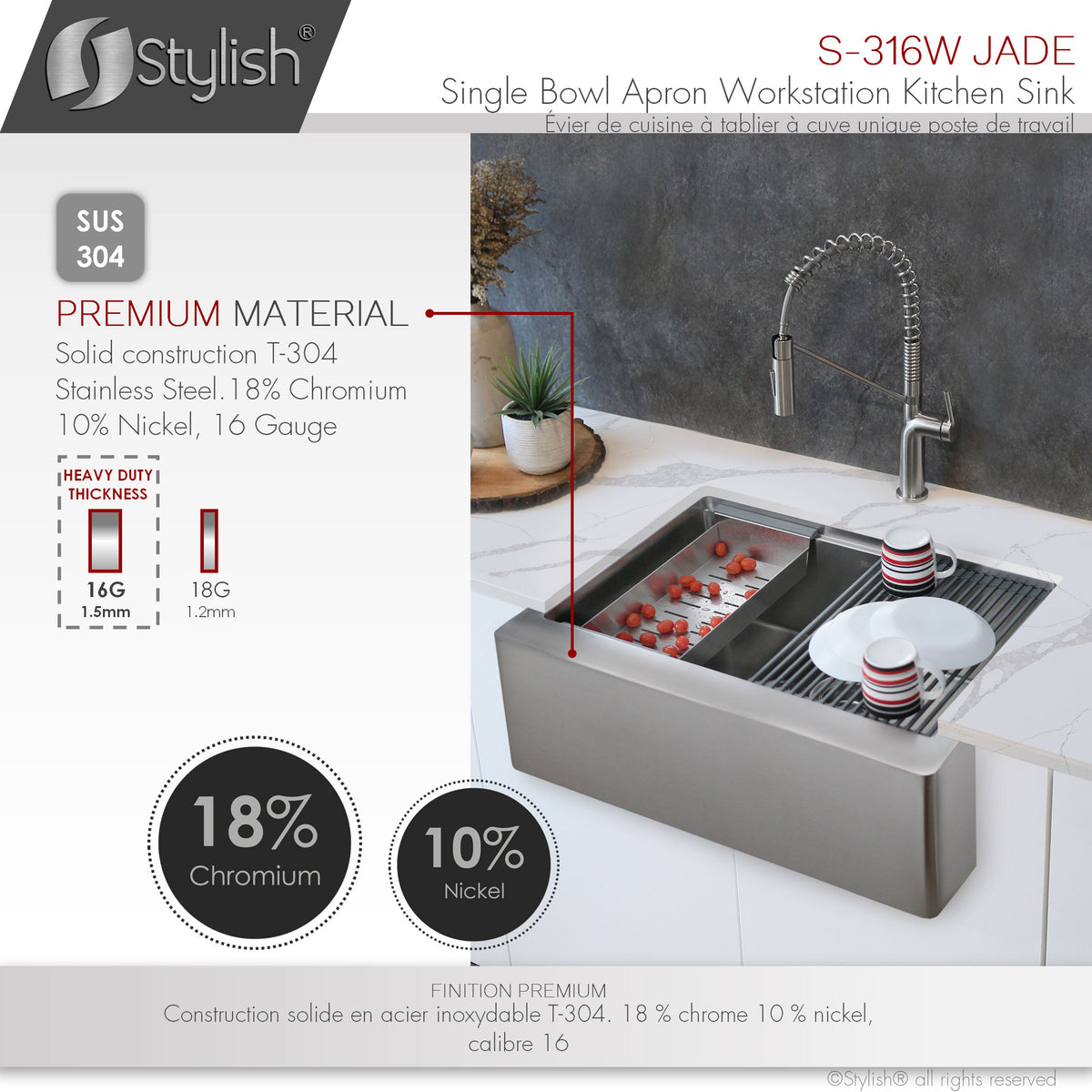 Stylish Jade Workstation Single Bowl Apron Front Stainless Steel Kitchen Sink with Accessories S-316W