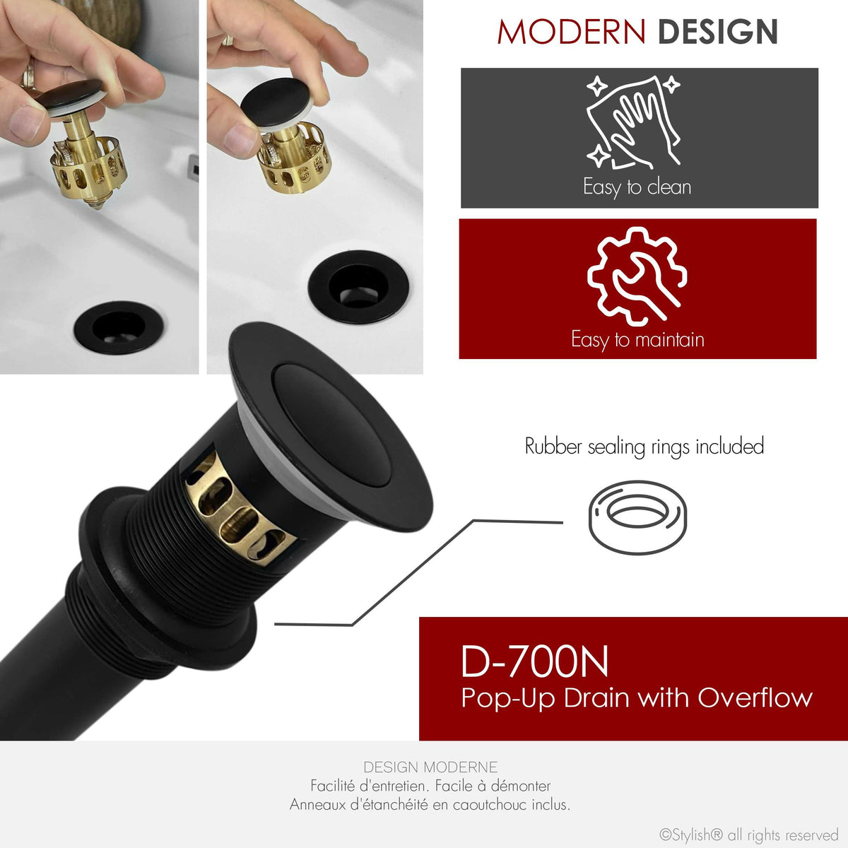 Stylish Pop-Up Bathroom Sink Drain with Overflow Matte Black D-700N