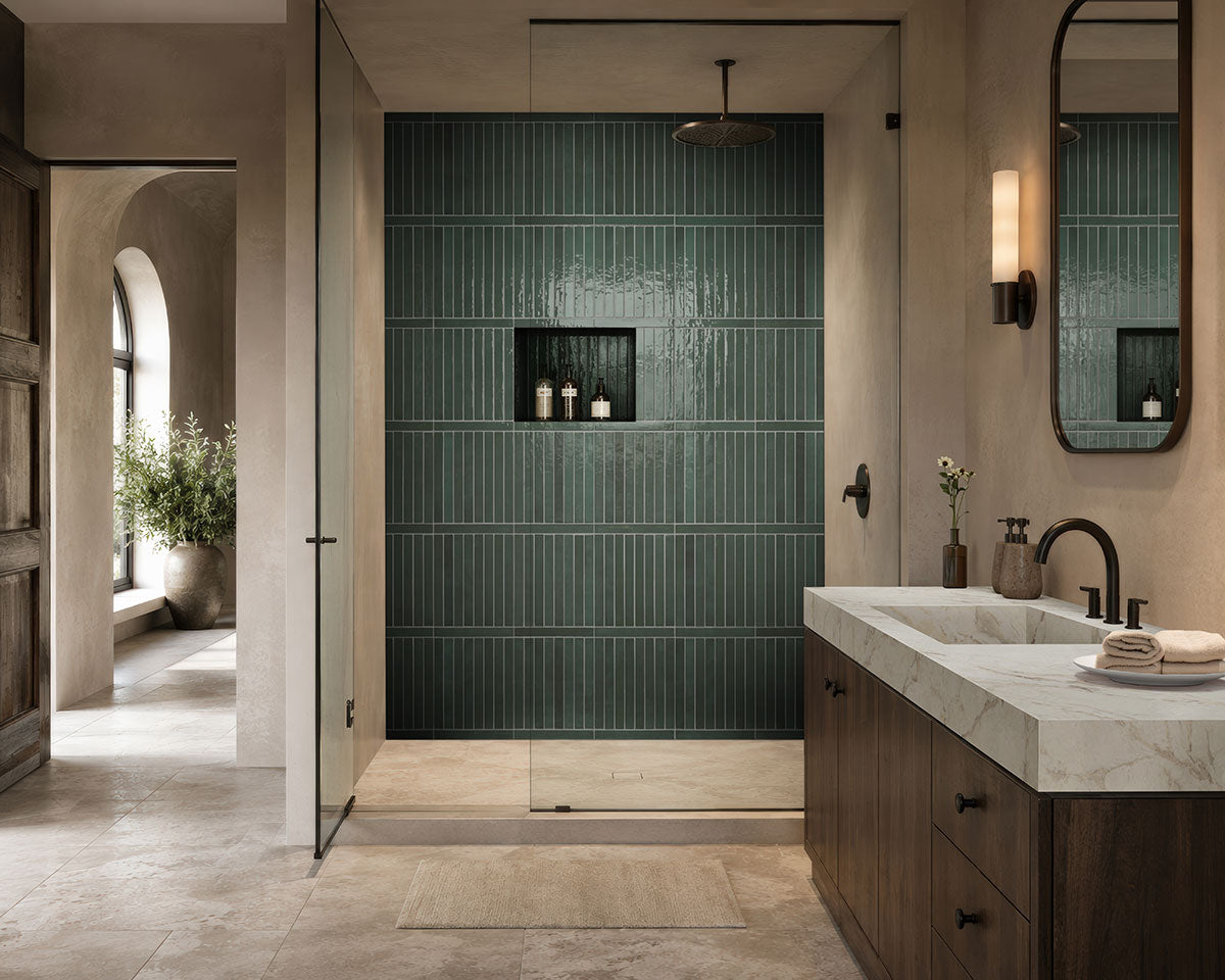 MSI Racing Green 2 x 18 Glossy Porcelain tile (NFLARACGRE2X18G) – MSI room scene (bathroom)