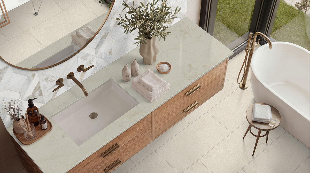 MSI Girona Marfil 3 x 3 Lappato Porcelain mosaic (NGIRMAR3X3L-3D) – MSI room scene (bathroom)