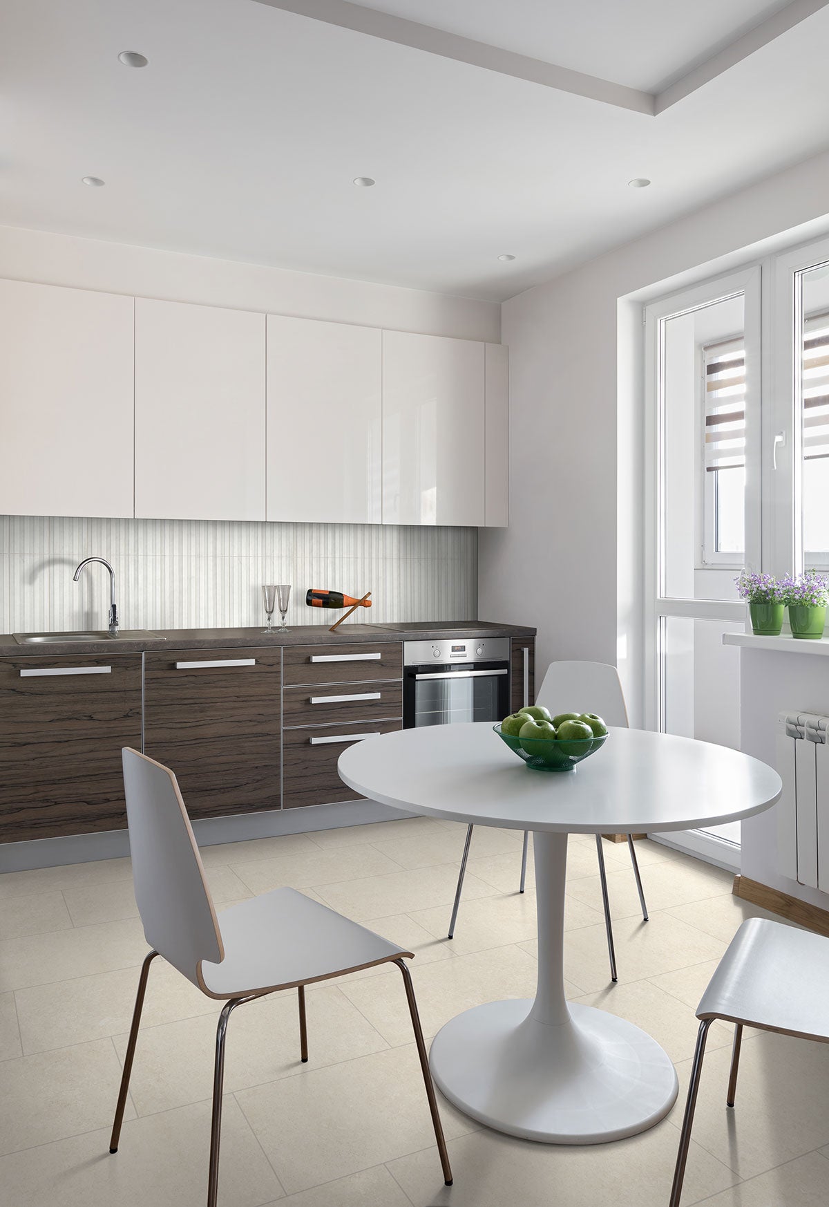 MSI Girona Marfil 3 x 3 Lappato Porcelain mosaic (NGIRMAR3X3L-3D) – MSI room scene (kitchen)