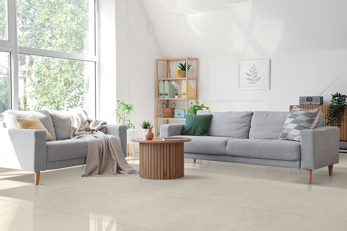 MSI Girona Marfil 3 x 3 Lappato Porcelain mosaic (NGIRMAR3X3L-3D) – MSI room scene (living room)