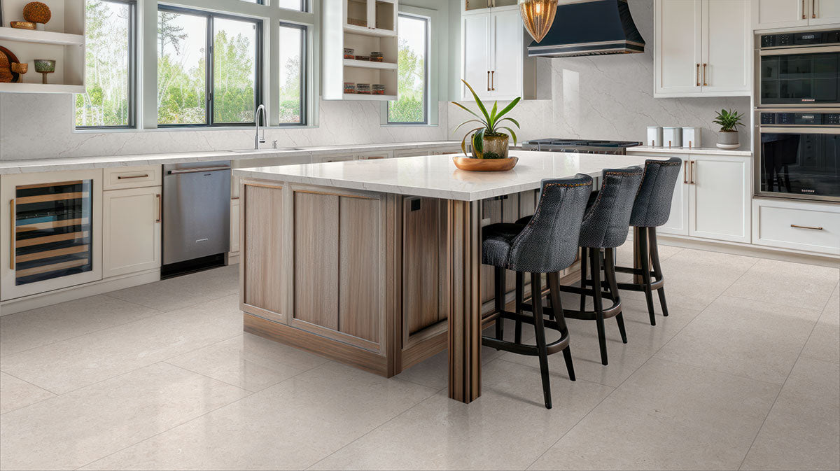 MSI Girona Perla 24 x 48 Lappato Porcelain tile (NGIRPER2448L-3D) – MSI room scene (kitchen)