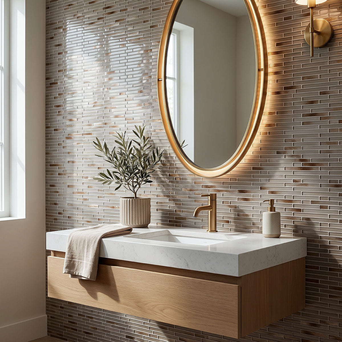 MSI Champagne Blend Interlocking Glass mosaic (SMOT-GLSIL-CHABLE6MM) – MSI room scene