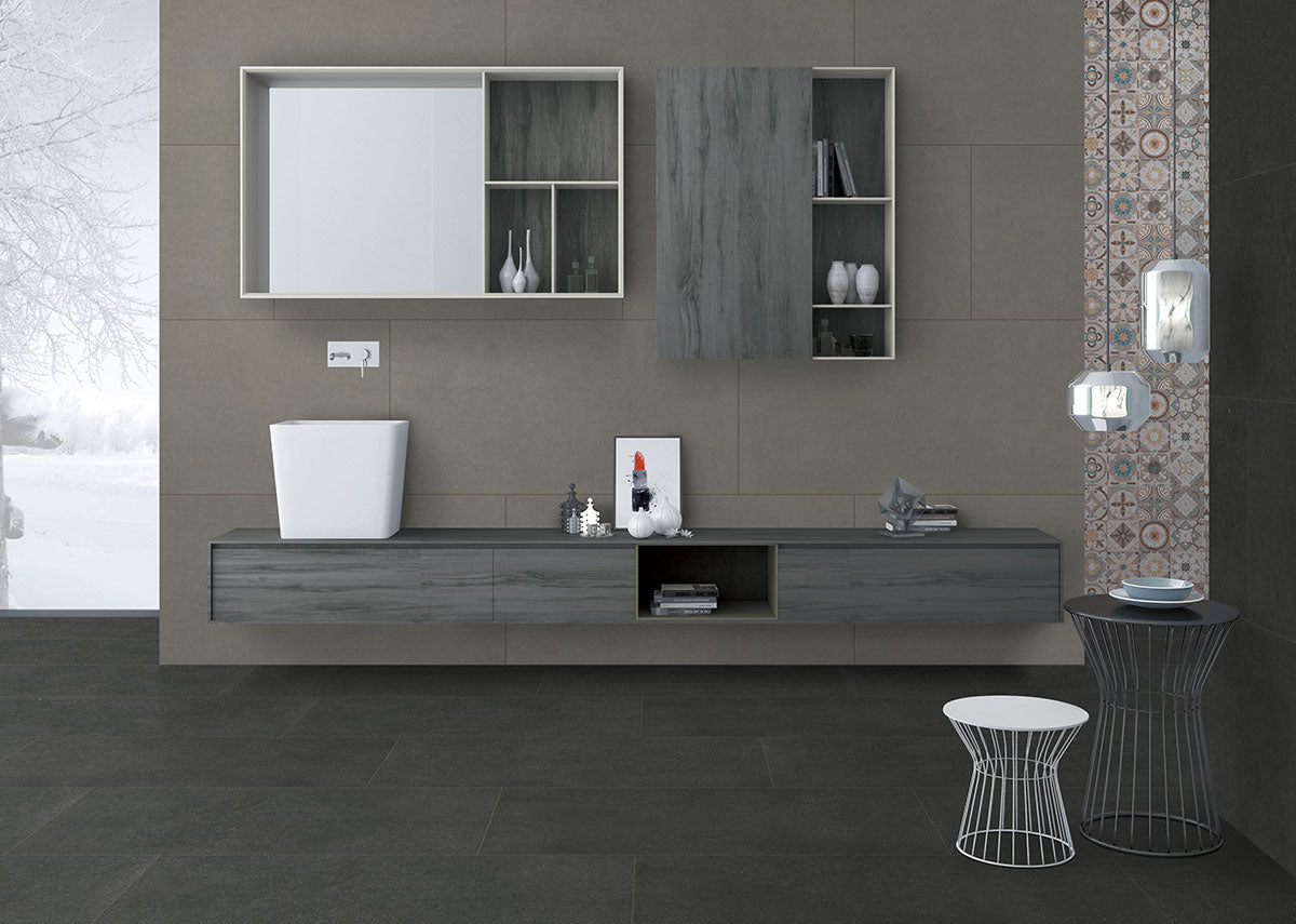 MSI Dimensions Graphite 24 x 24 Matte Porcelain tile (NDIMGRA2424) – MSI room scene (living room)