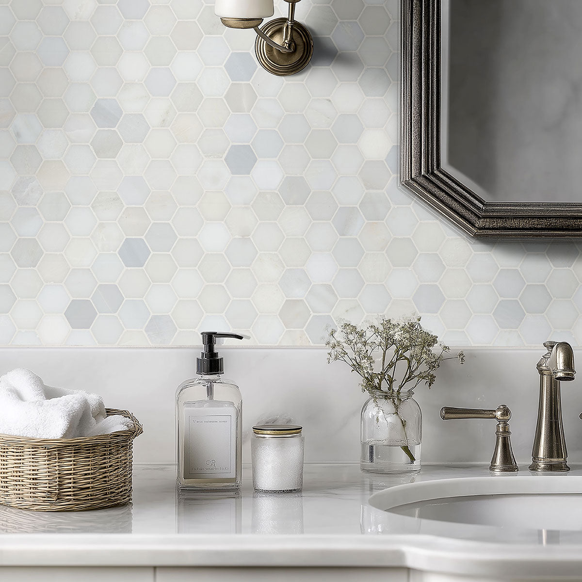 MSI Greecian White 2" Hexagon Polished Marble mosaic (SMOT-GRE-2HEXP) – MSI room scene