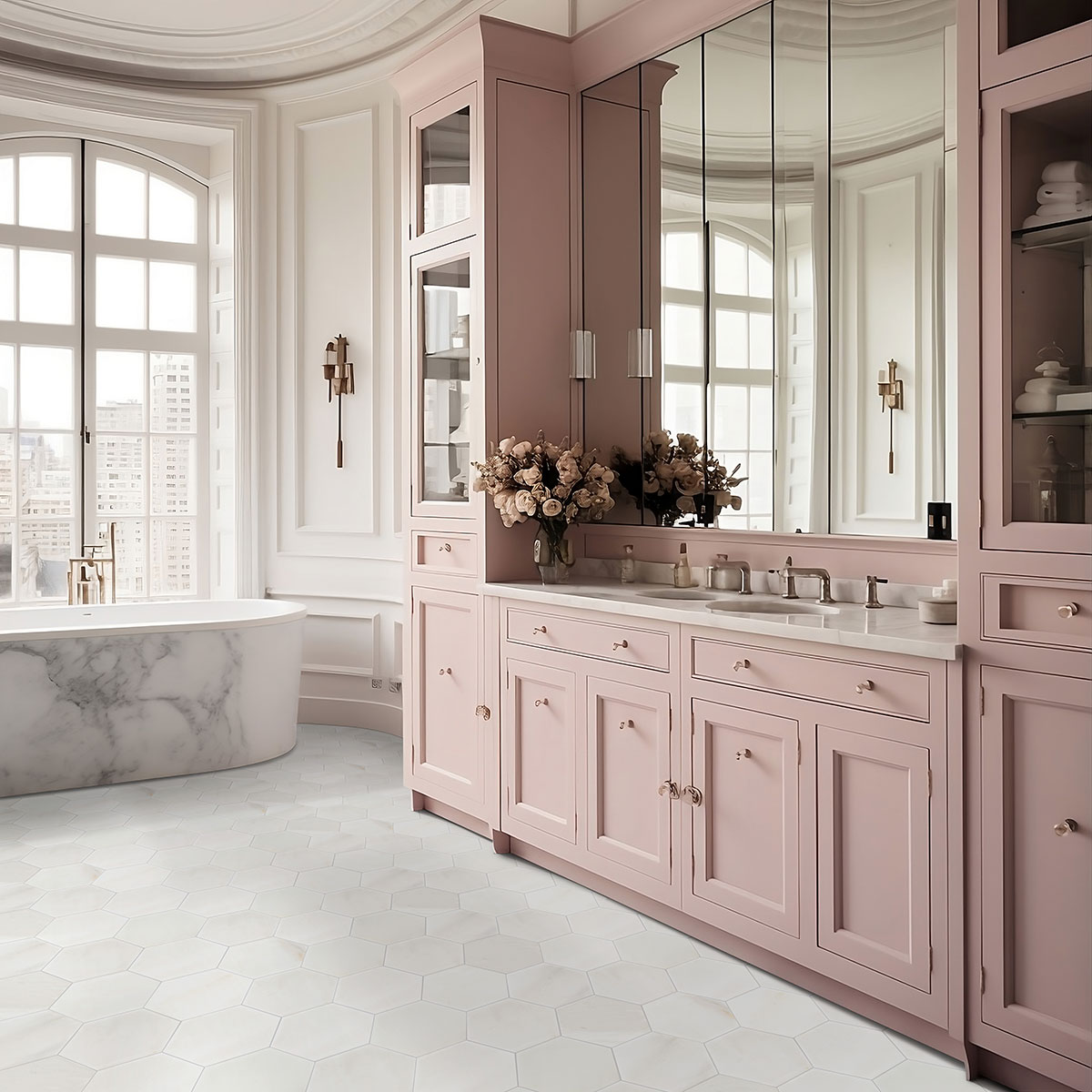 MSI Greecian White 8" Hexagon Polished Marble tile (TGREWHT8HEXP) – MSI room scene (bathroom)