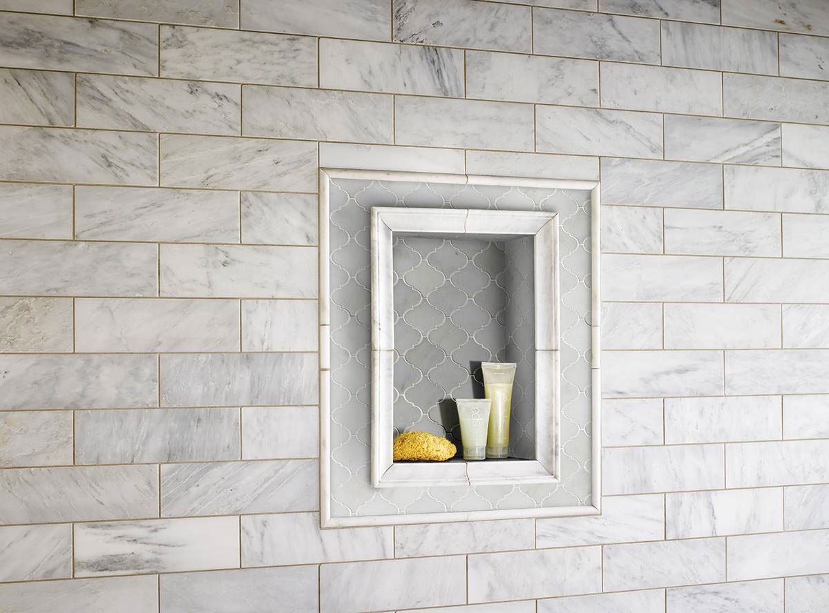 MSI Greecian White Arabesque Pattern Polished Marble mosaic (SMOT-GRE-AREBESQ) – MSI room scene
