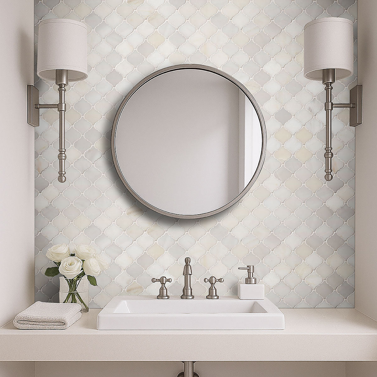 MSI Greecian White Arabesque Pattern Polished Marble mosaic (SMOT-GRE-AREBESQ) – MSI room scene (bathroom)
