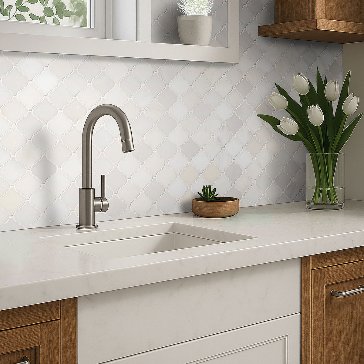 MSI Greecian White Arabesque Pattern Polished Marble mosaic (SMOT-GRE-AREBESQ) – MSI room scene (kitchen)