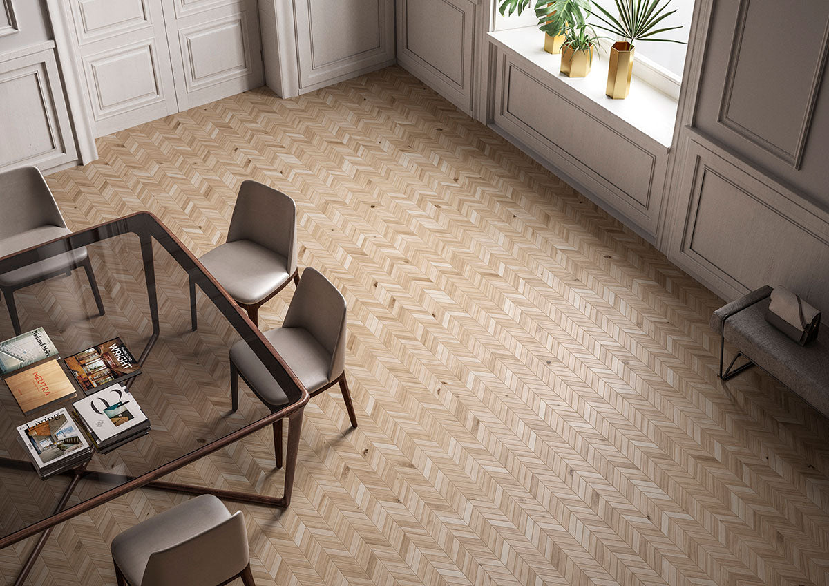 MSI Havenwood Beige Chevron 12 x 15 Matte Porcelain mosaic (NHAVBEICHE12X15) – MSI room scene