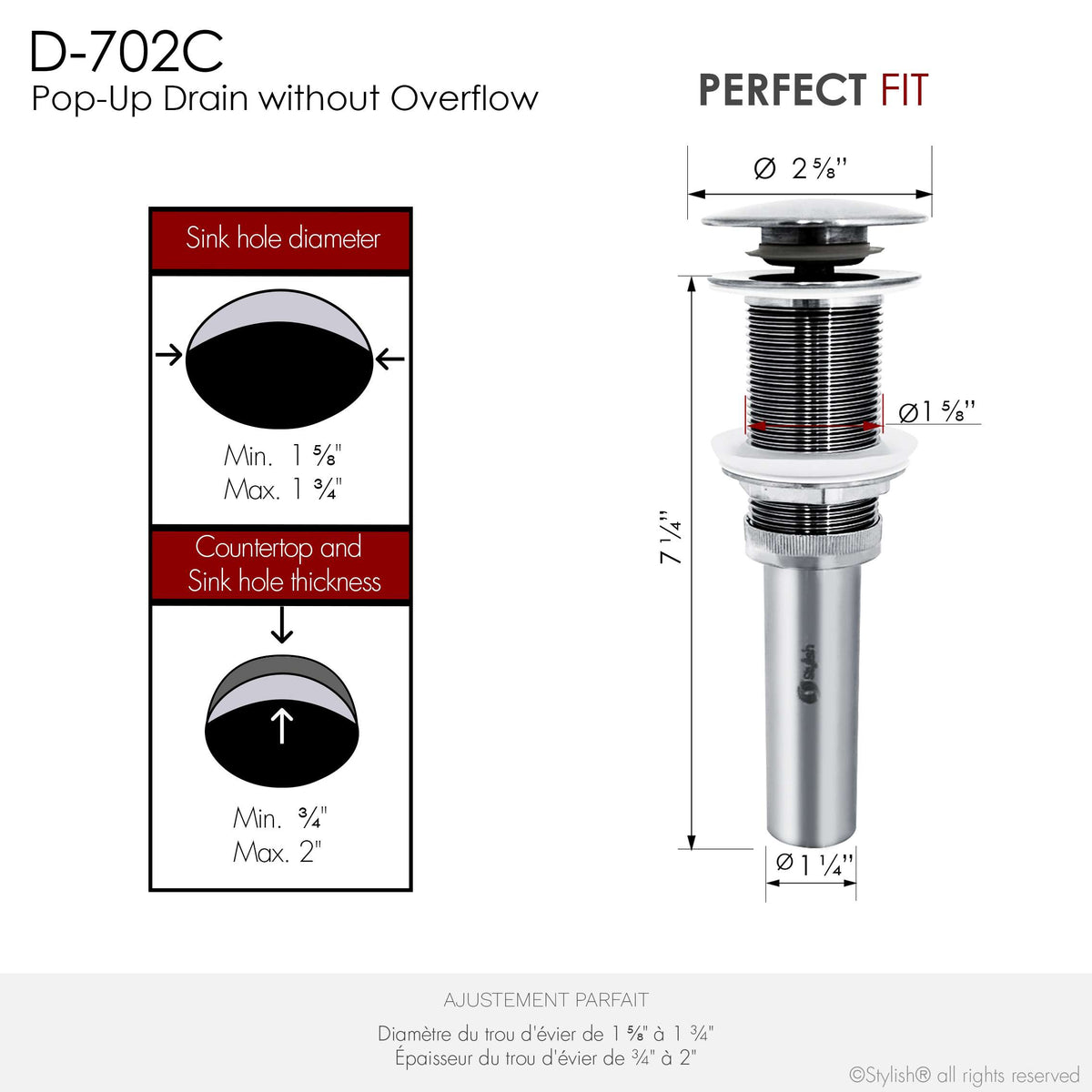 Stylish Pop-Up Bathroom Sink Drain Without Overflow Polished Chrome D-702C