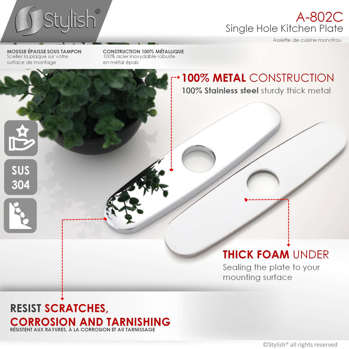 Stylish 10" Kitchen Deck Plate Chrome A-802C