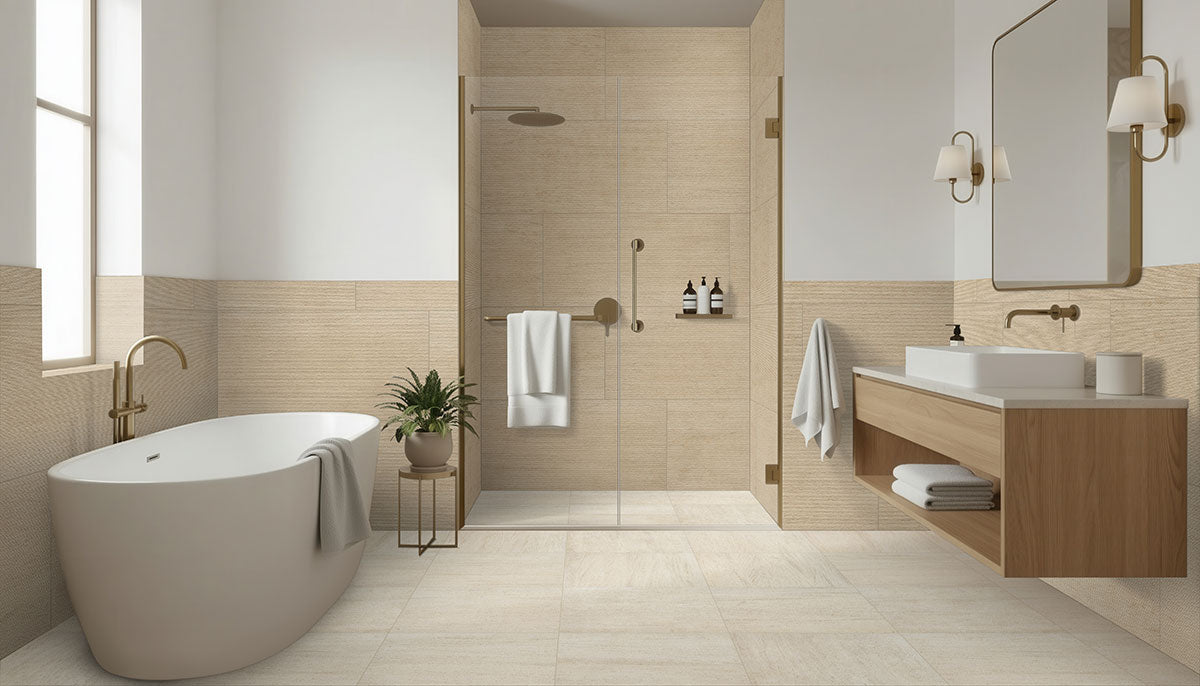 MSI Living Style Beige Ridge 24 x 48 Matte Porcelain tile (NLIVSTYBEIRID2448) – MSI room scene (bathroom)