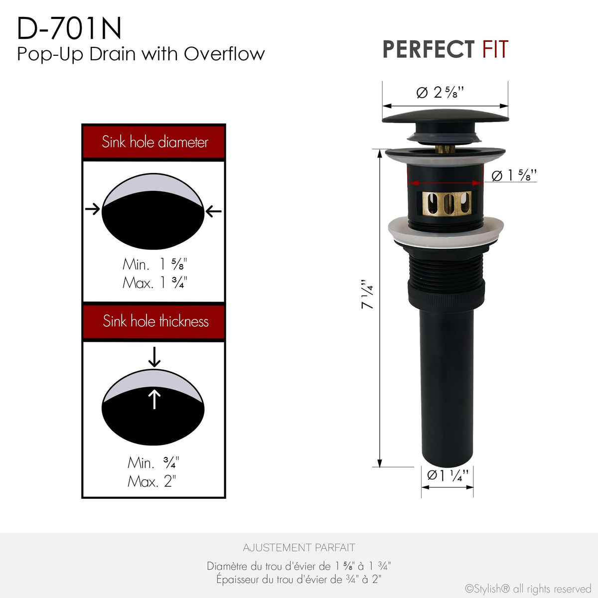 Stylish Pop-Up Bathroom Sink Drains Set with Overflow Matte Black D-701N2