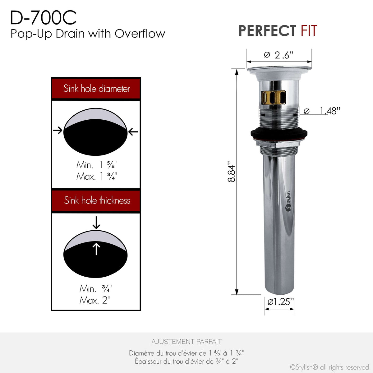 Stylish Pop-Up Bathroom Sink Drain with Overflow Polished Chrome D-700C