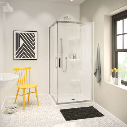 Square Base 36 3 in. 36 x 36 Acrylic Corner Left or Right Shower Base with Corner Drain in White - Plumbing Market