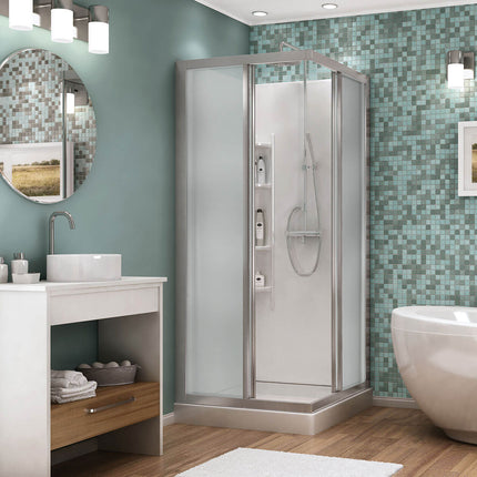 Maax 32 Mediterranean III 32 x 32 Polystyrene Center Drain Shower Kit in White with Mistelite glass  in Chrome 105605-000-129-104 - Plumbing Market