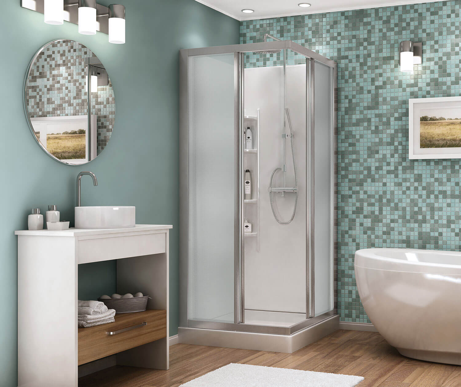 Maax 32 Mediterranean III 32 x 32 Polystyrene Center Drain Shower Kit in White with Mistelite glass  in Chrome 105605-000-129-104 - Plumbing Market