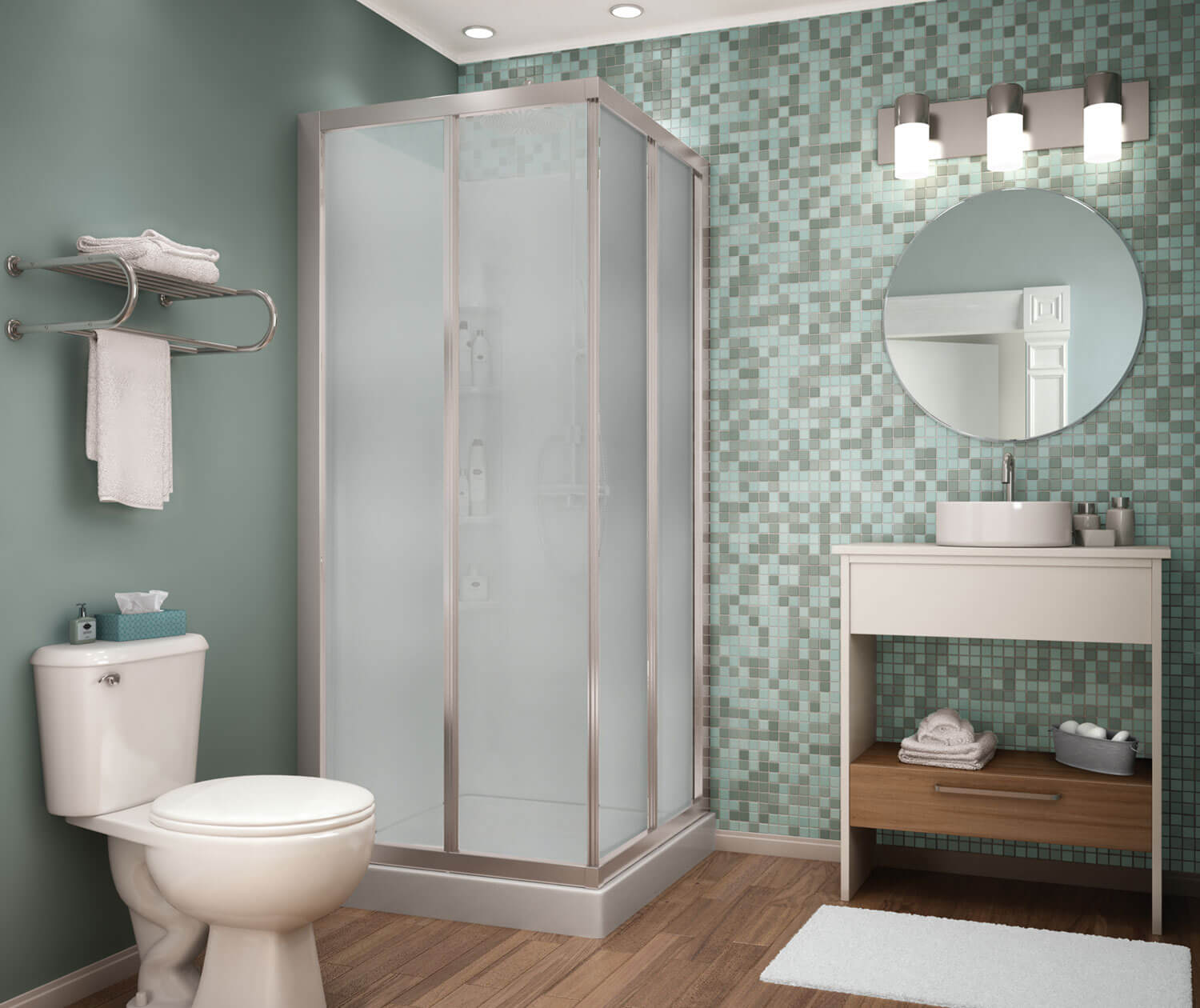 Maax 32 Mediterranean III 32 x 32 Polystyrene Center Drain Shower Kit in White with Mistelite glass  in Chrome 105605-000-129-104 - Plumbing Market
