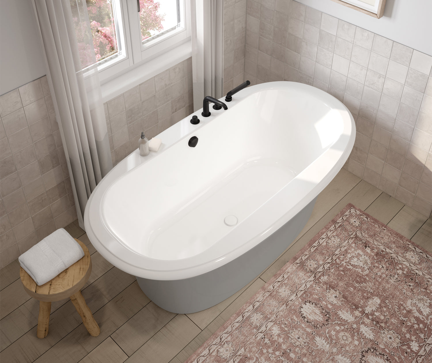 Ella Sleek 66 x 36 Acrylic Freestanding Center Drain Bathtub in White with Sterling Silver Skirt - Plumbing Market
