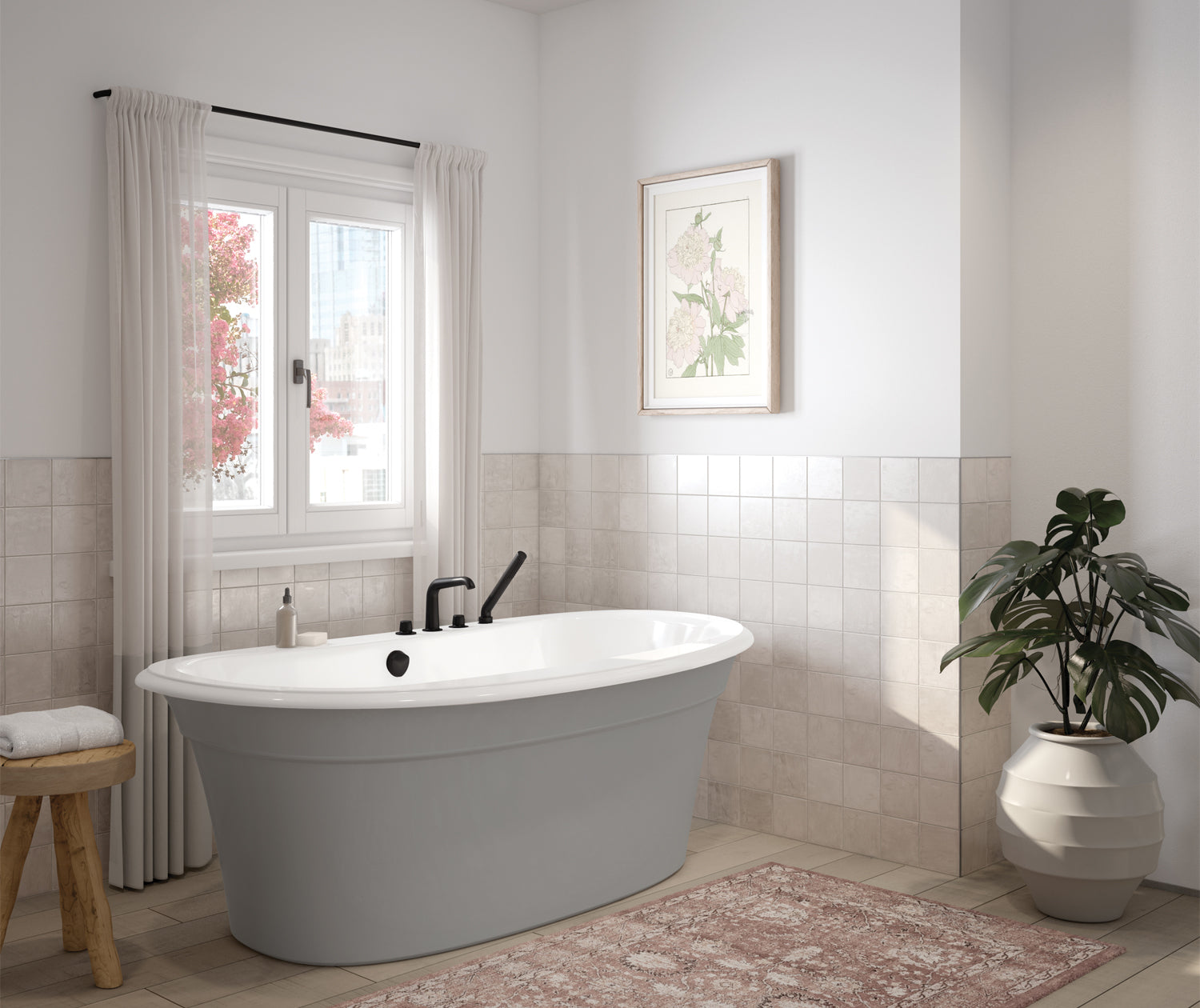 Ella Sleek 66 x 36 Acrylic Freestanding Center Drain Bathtub in White with Sterling Silver Skirt - Plumbing Market