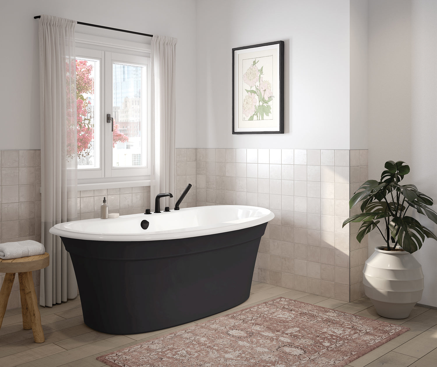 Ella Sleek 66 x 36 Acrylic Freestanding Center Drain Bathtub in White with Black Skirt - Plumbing Market