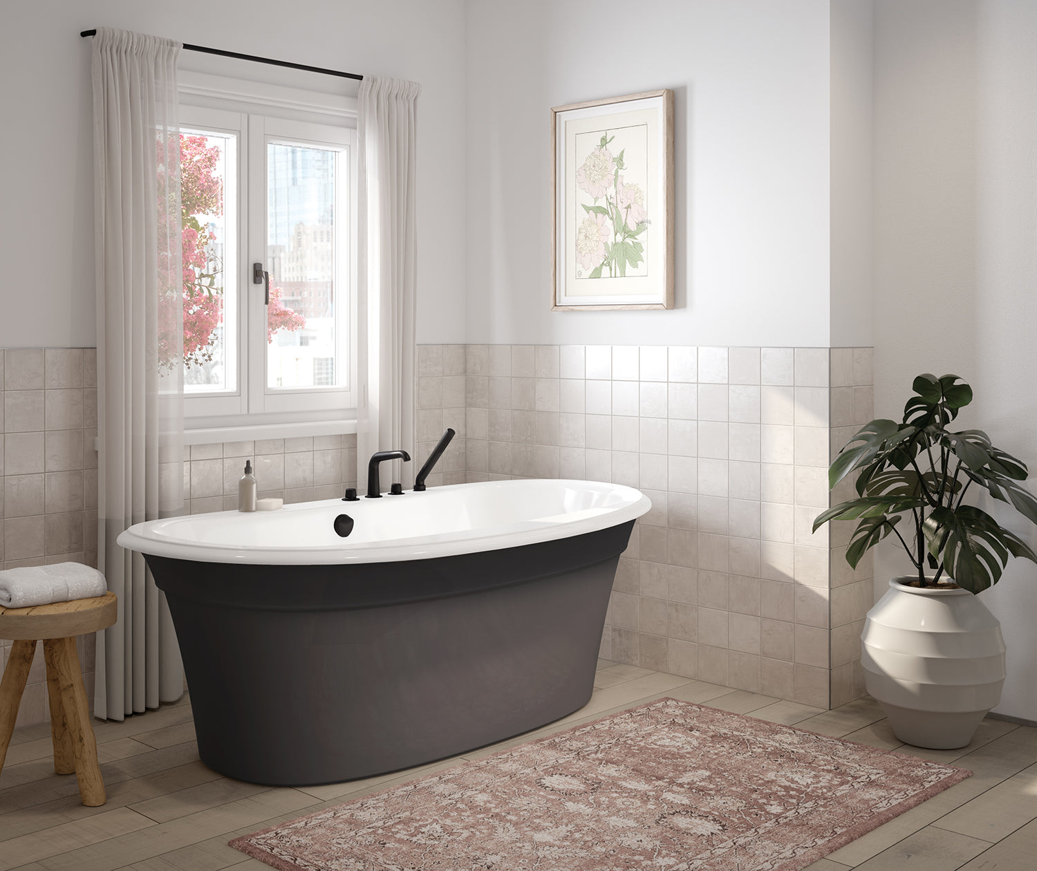 Ella Sleek 66 x 36 Acrylic Freestanding Center Drain Bathtub in White with Thunder Grey Skirt - Plumbing Market