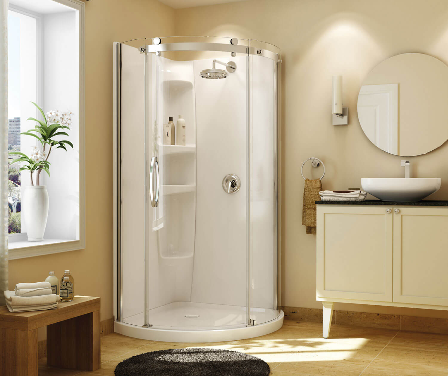 Maax Olympia Round - Left Opening 36 x 36 Acrylic Left-Hand Drain Shower Kit in White with Clear glass  in Chrome 105760-000-001-101 - Plumbing Market