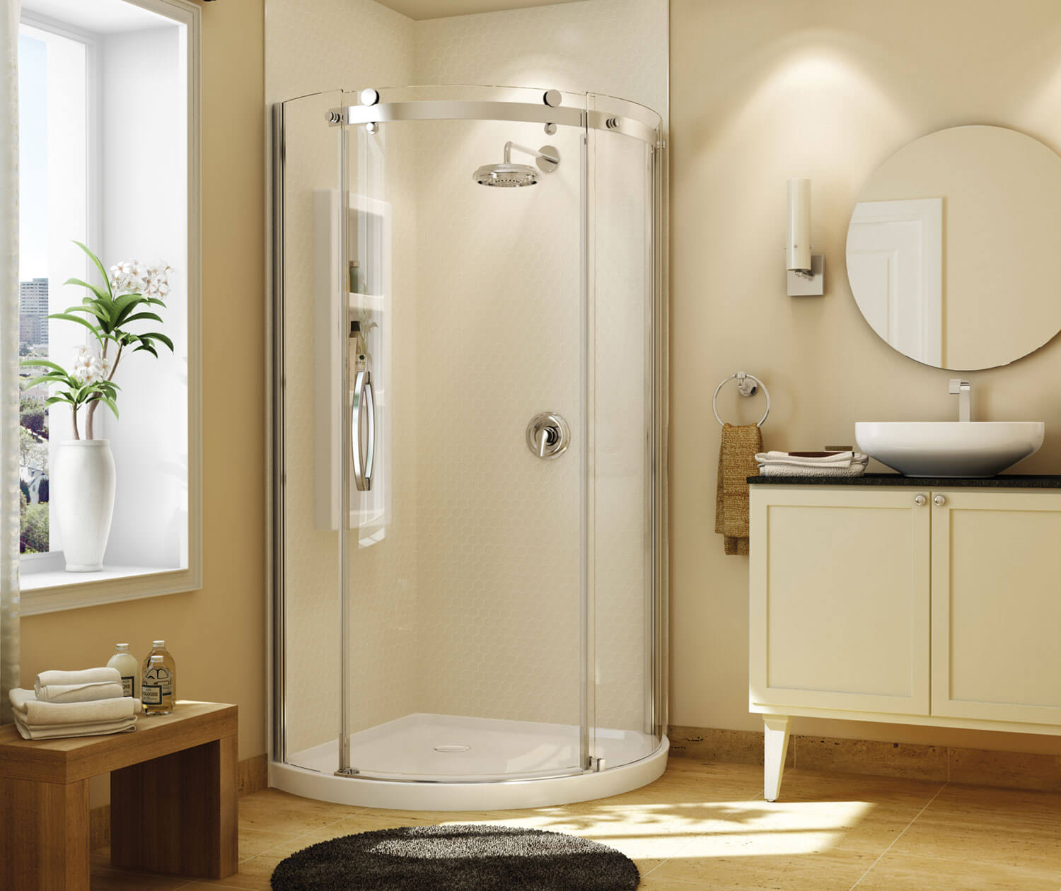 Maax Olympia Round - Left Opening 36 x 36 Acrylic Left-Hand Drain Shower Kit in White with Clear glass  in Chrome 105760-000-001-101 - Plumbing Market