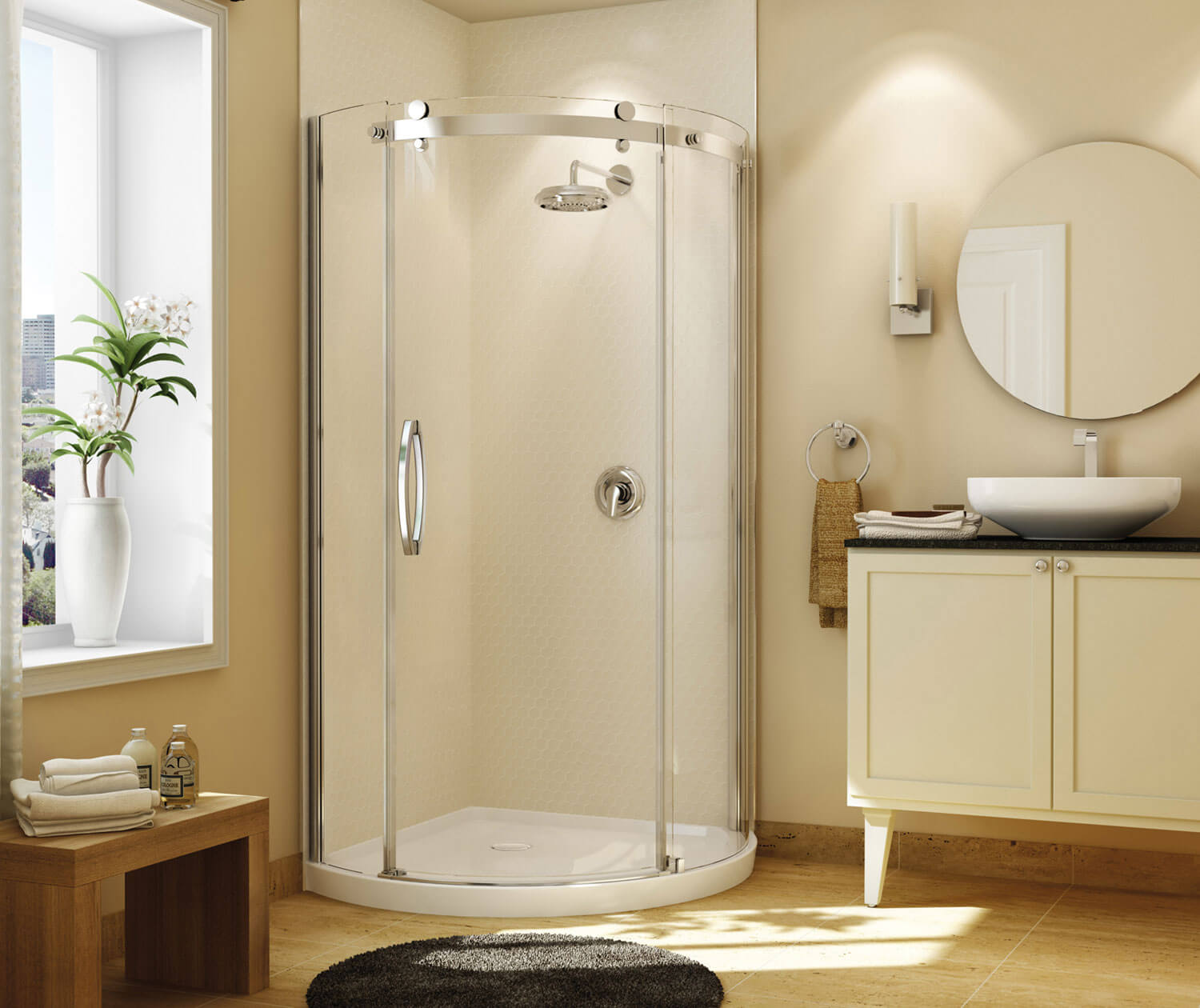Maax Olympia Round - Left Opening 36 x 36 Acrylic Left-Hand Drain Shower Kit in White with Clear glass  in Chrome 105760-000-001-101 - Plumbing Market