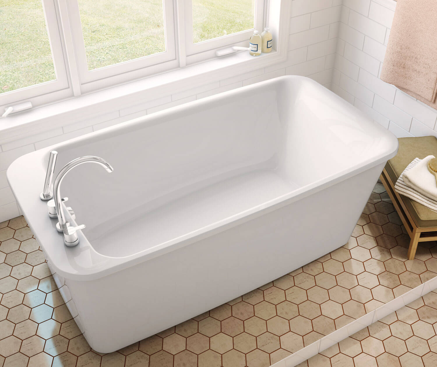 Lounge 6434 Acrylic Freestanding End Drain Bathtub in White with White Skirt - Plumbing Market