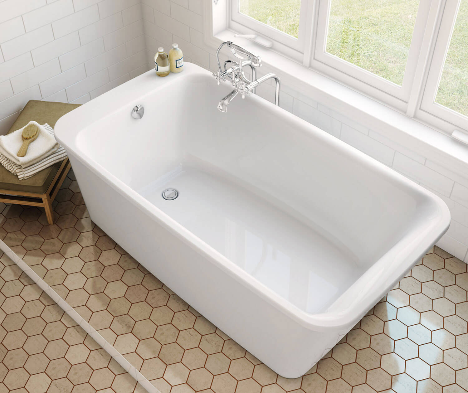Lounge 6434 Acrylic Freestanding End Drain Bathtub in White with White Skirt - Plumbing Market