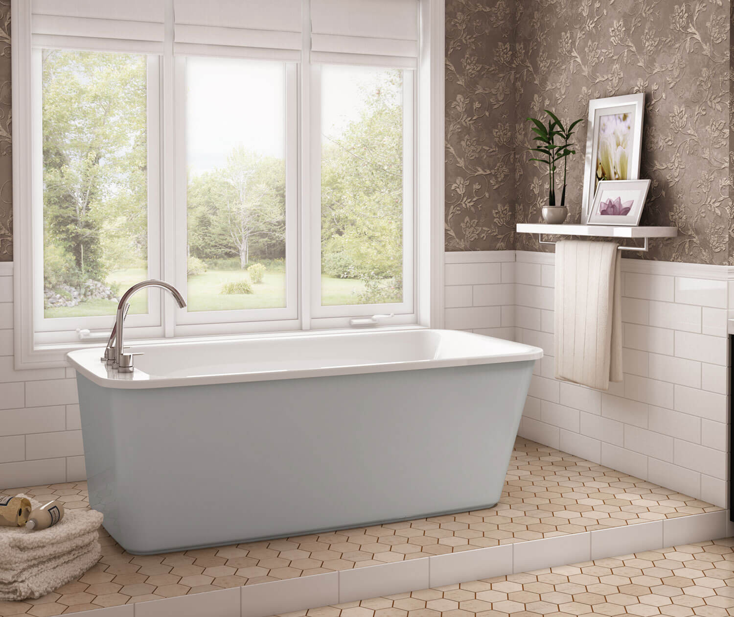 Lounge 6434 Acrylic Freestanding End Drain Bathtub in White with Sterling Silver Skirt - Plumbing Market