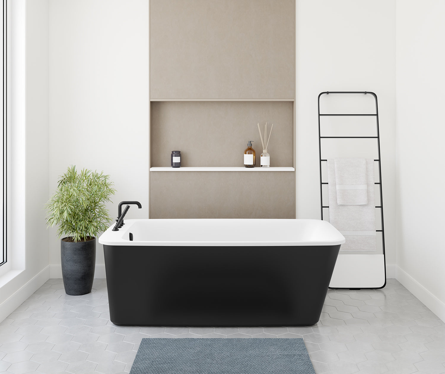 Lounge 6434 Acrylic Freestanding End Drain Bathtub in White with Black Skirt - Plumbing Market