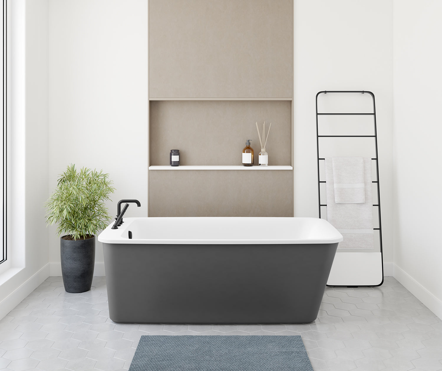 Lounge 6434 Acrylic Freestanding End Drain Bathtub in White with Thundey Grey Skirt - Plumbing Market