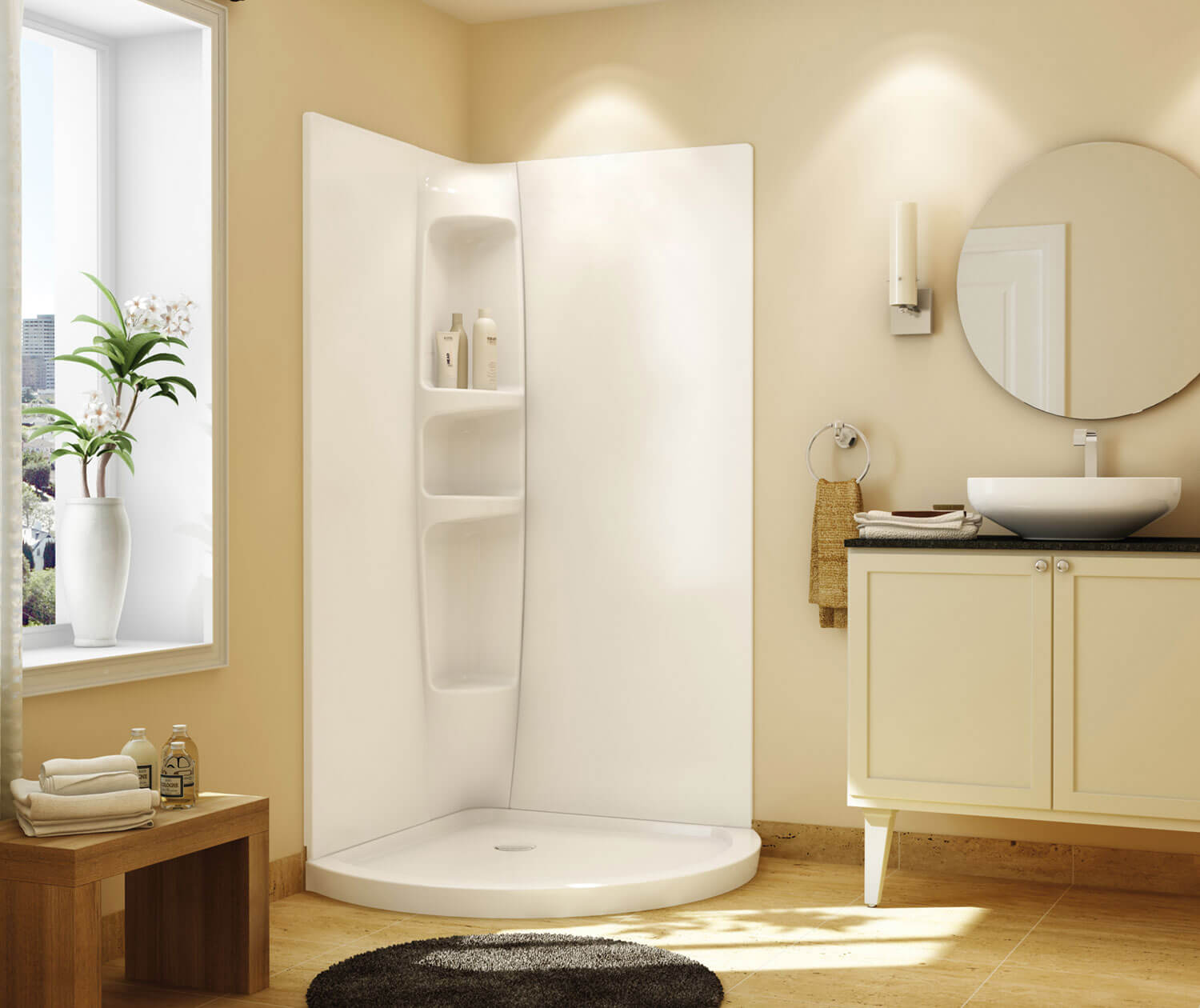 Maax Olympia Round - Right Opening 36 x 36 Acrylic Right-Hand Drain Shower Kit in White with Clear glass  in Chrome 105960-000-001-102 - Plumbing Market