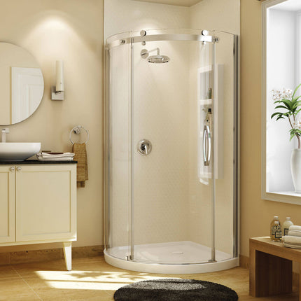 Maax Olympia Round - Right Opening 36 x 36 Acrylic Right-Hand Drain Shower Kit in White with Clear glass  in Chrome 105960-000-001-102 - Plumbing Market